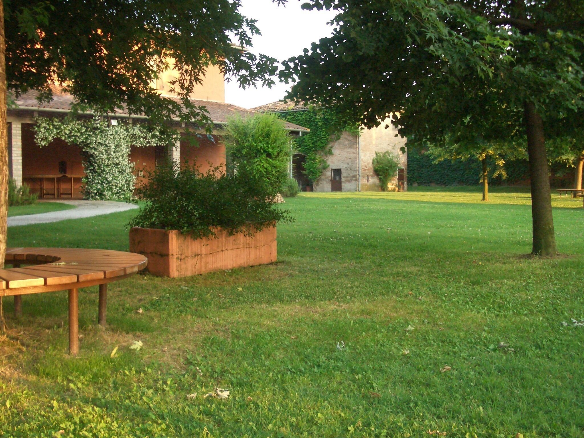A grassy outdoor area with a wooden table and a planter box.