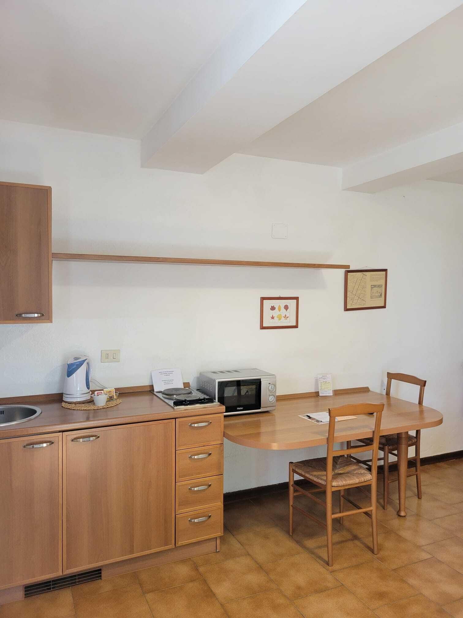 A compact kitchen with a microwave, kettle, and wooden cabinets.