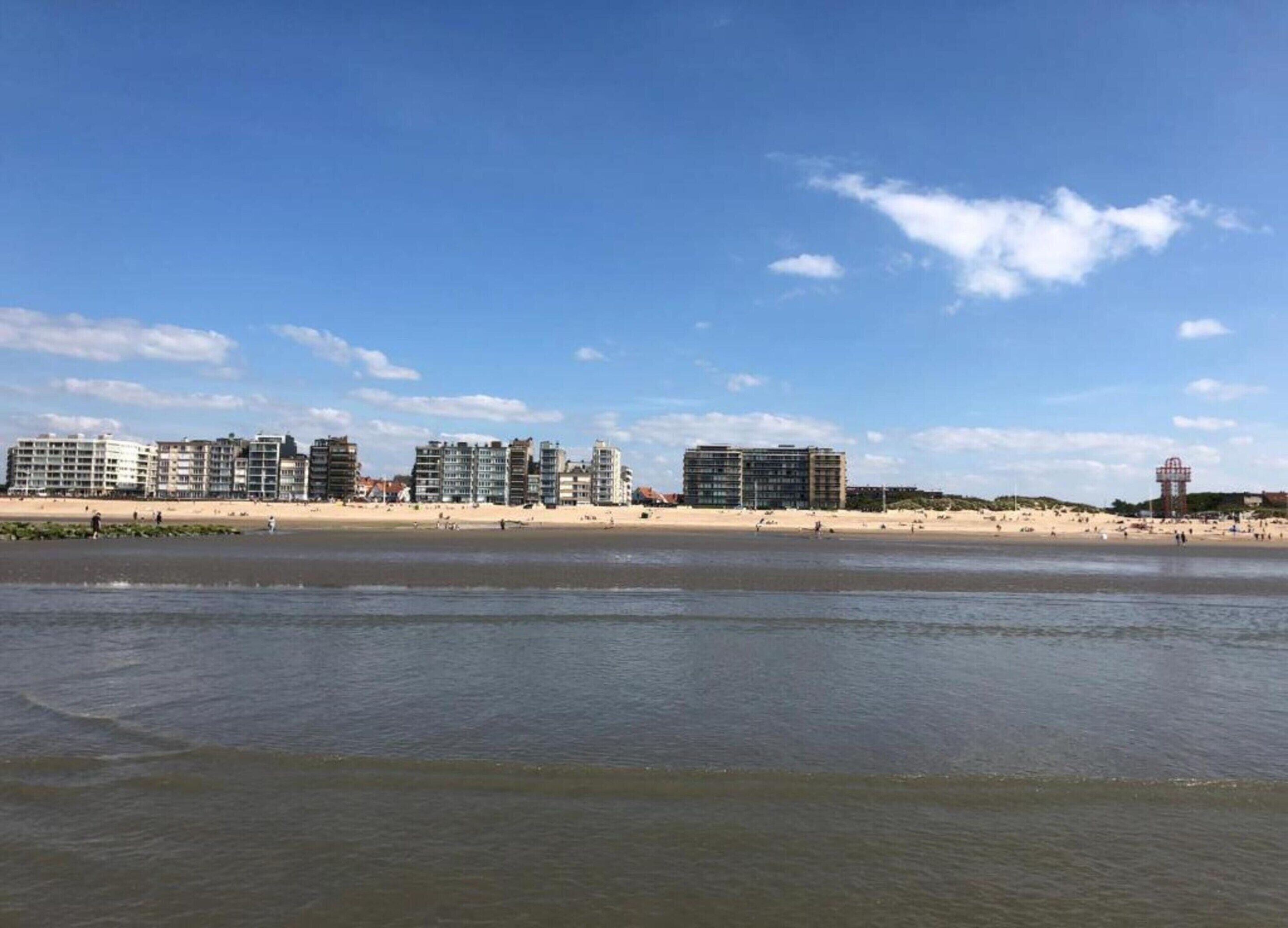 Un paisaje urbano costero con varios rascacielos, una playa arenosa y un mar tranquilo.
