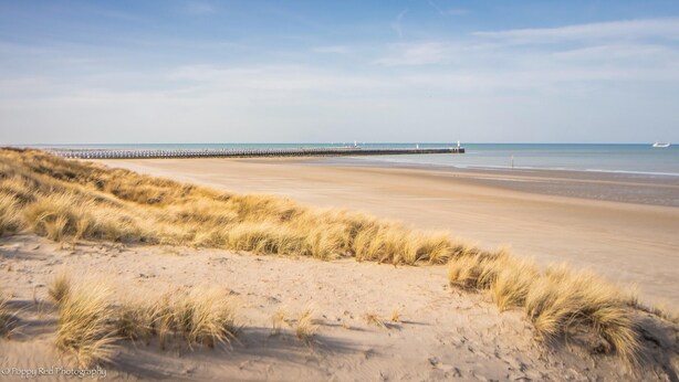 Une plage avec des dunes de sable et une jetée qui s’avance dans l’eau.