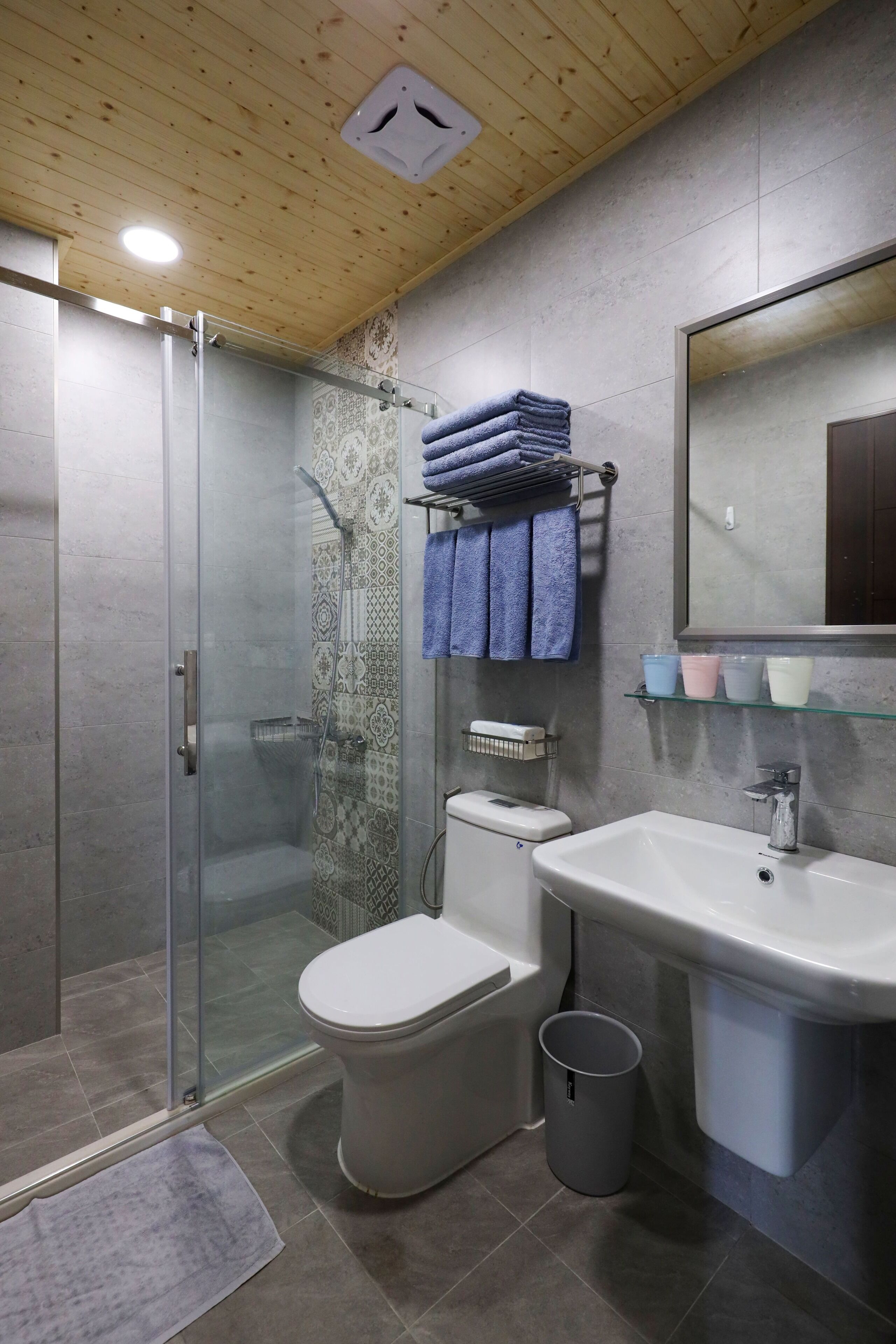 A modern bathroom with a glass-enclosed shower, a toilet, a sink, and a mirror.