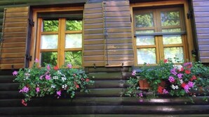 Una cabaña de madera con dos ventanas, cada una con contraventanas, y jardineras con flores de colores en el frente.