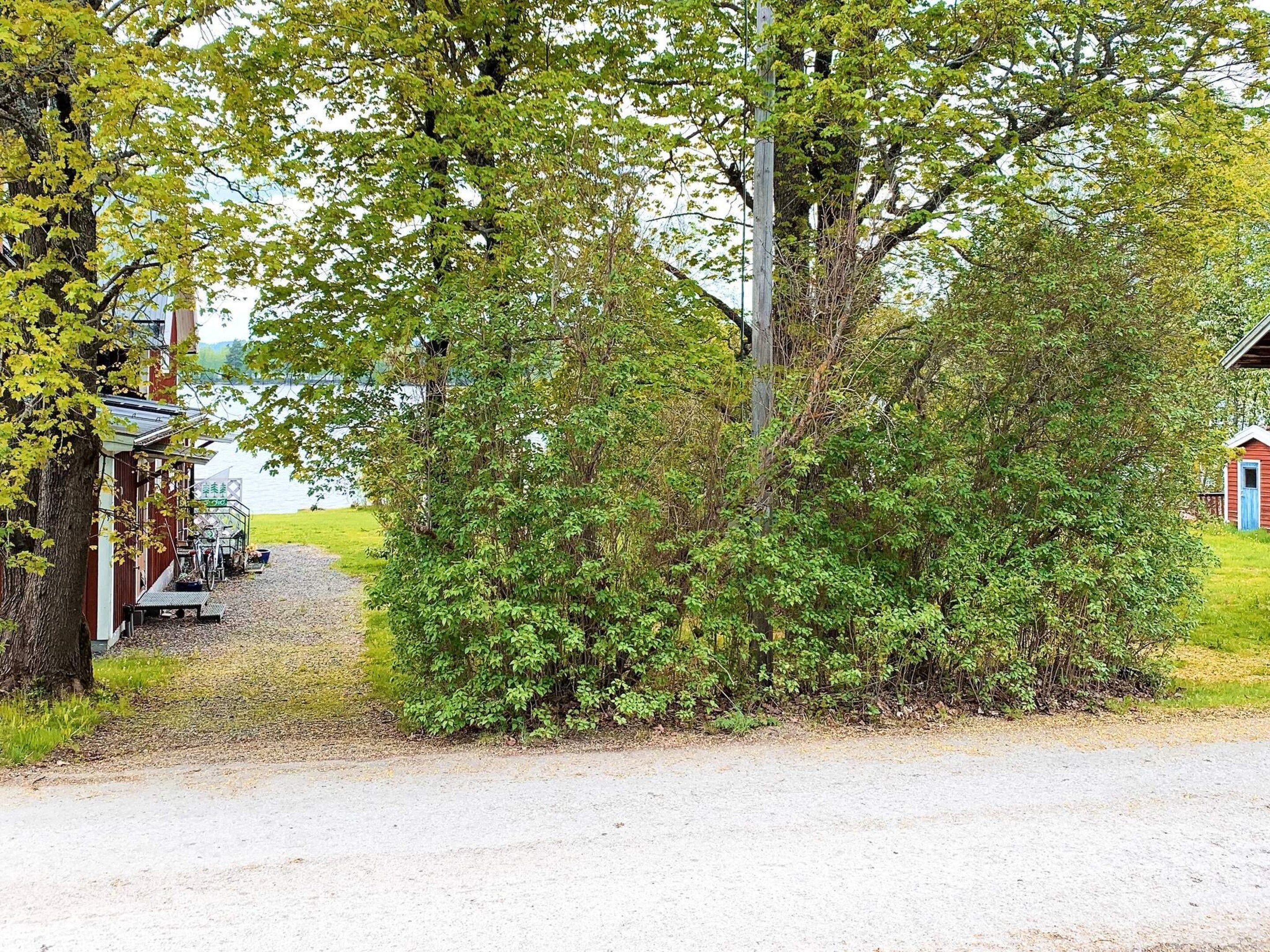 A gravel path leading to a rustic building with a blue door, surrounded by dense greenery and a body of water in the background.