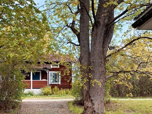 A wooden cabin with a porch, surrounded by trees and a gravel path. - 3 Person Holiday Home in Grangarde (Grangarde)
