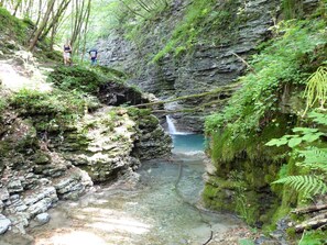 A natural rocky landscape with a clear water stream, lush greenery, and a waterfall. - Belvilla by OYO Appartemento Chardonnay (Santa Giustina)