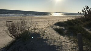 Ein Strand mit Sand, Gras und dem Meer.