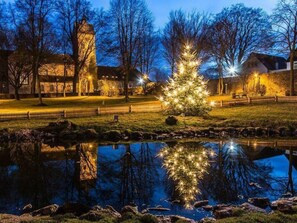 A serene park scene at dusk with a lit Christmas tree and a pond reflecting the lights. - Holiday Apartment at Castle I (Brakel)