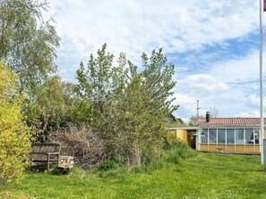A grassy area with a bench, a building with large windows, and a tree.