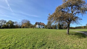 A large, open grassy field with a white building in the background. - Appealing Apartment Near Lake (Argenbühl)