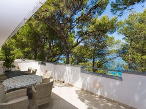 Une terrasse extérieure aménagée avec des meubles en osier, offrant une vue sur les arbres et un ciel bleu.