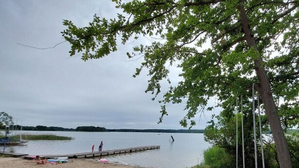 A sandy beach with a dock extending into calm water, surrounded by trees and a cloudy sky. - Holiday Home Villa Pippilotta (Userin)