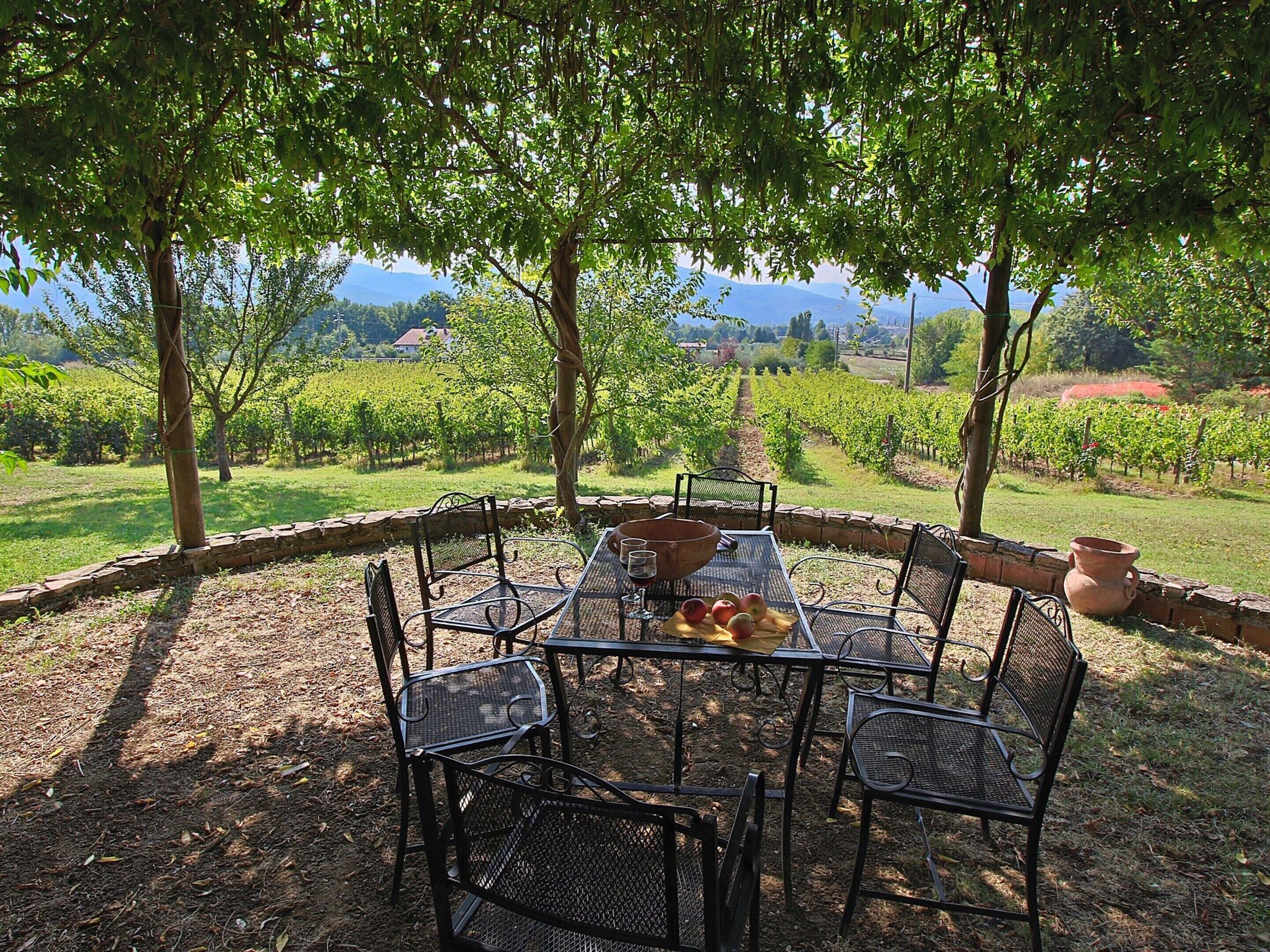 An outdoor dining area with a round table and chairs, surrounded by a stone wall, overlooking a vineyard.