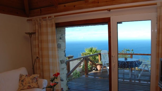 A room with a wooden ceiling, a white sofa, a vase with flowers, and a view of the ocean through a sliding glass door. - Holiday Home Finca (Icod de los Vinos)