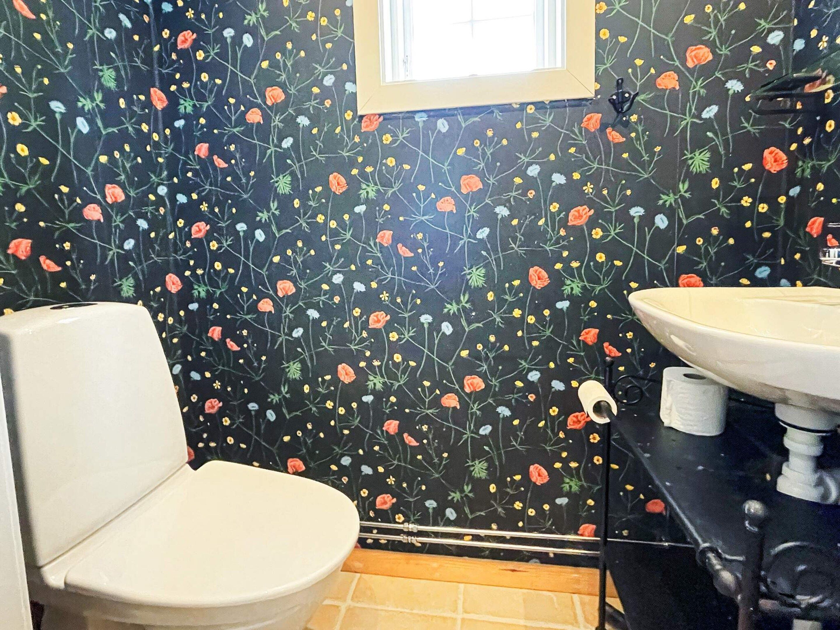 A bathroom with a toilet, a sink, and a window.