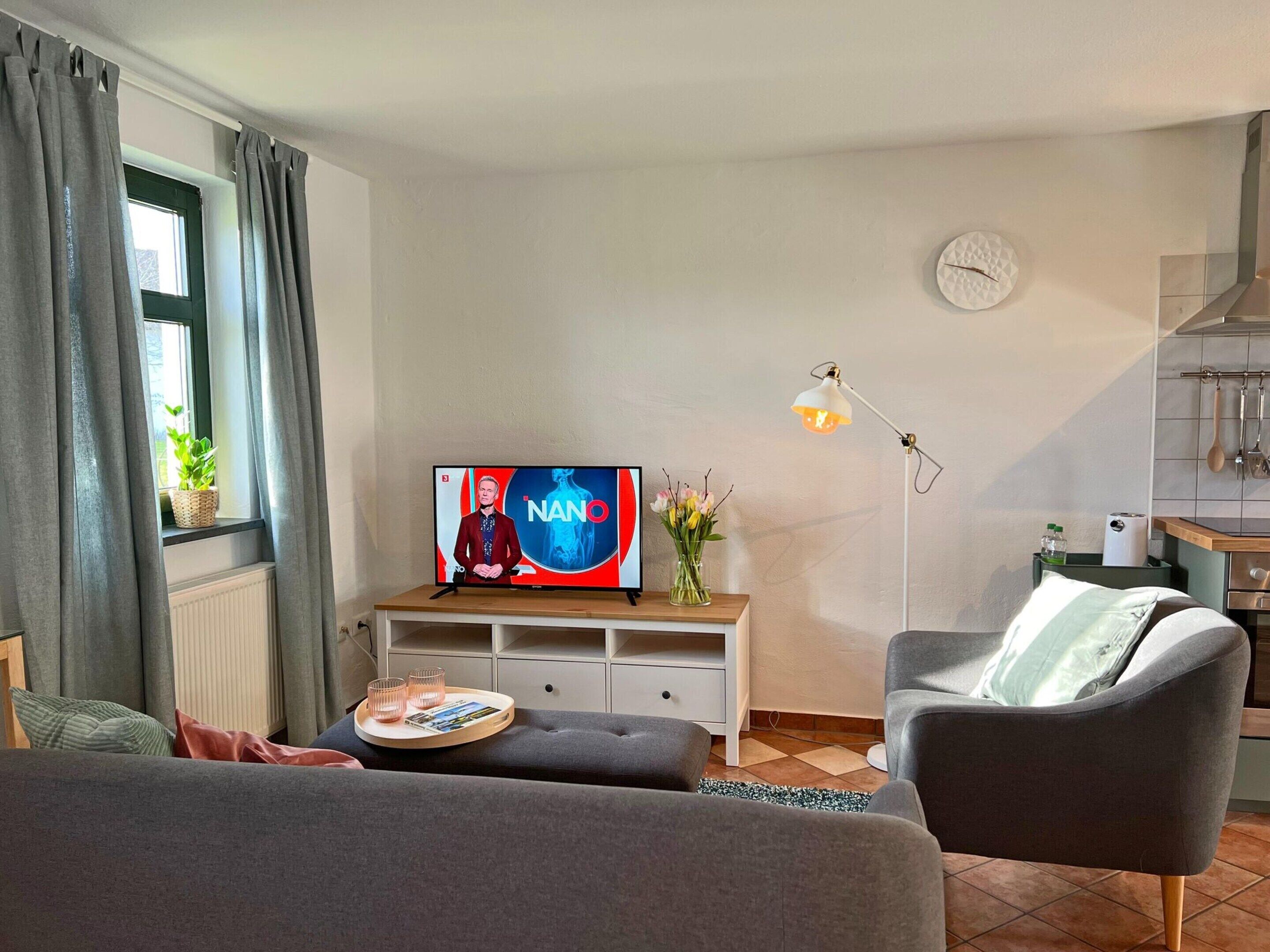A living room with a TV, a sofa, a chair, a small table with a tray, and a vase with flowers.
