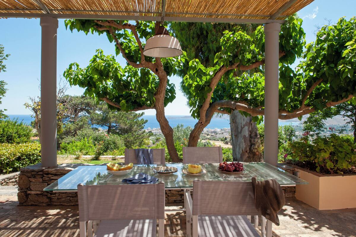 Un área de comedor al aire libre con una mesa y sillas, rodeada de vegetación y vistas al mar.