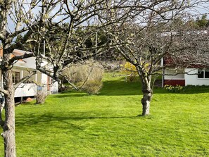 A grassy area with trees and a building with a red roof. - 4 Person Holiday Home in Hakenaset (Hakenäset)