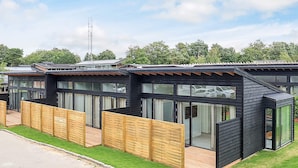 A row of modern, black-roofed cabins with large windows and wooden fences.