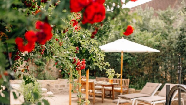 En udendørs patio med borde og stole, omgivet af grønne planter og røde blomster.