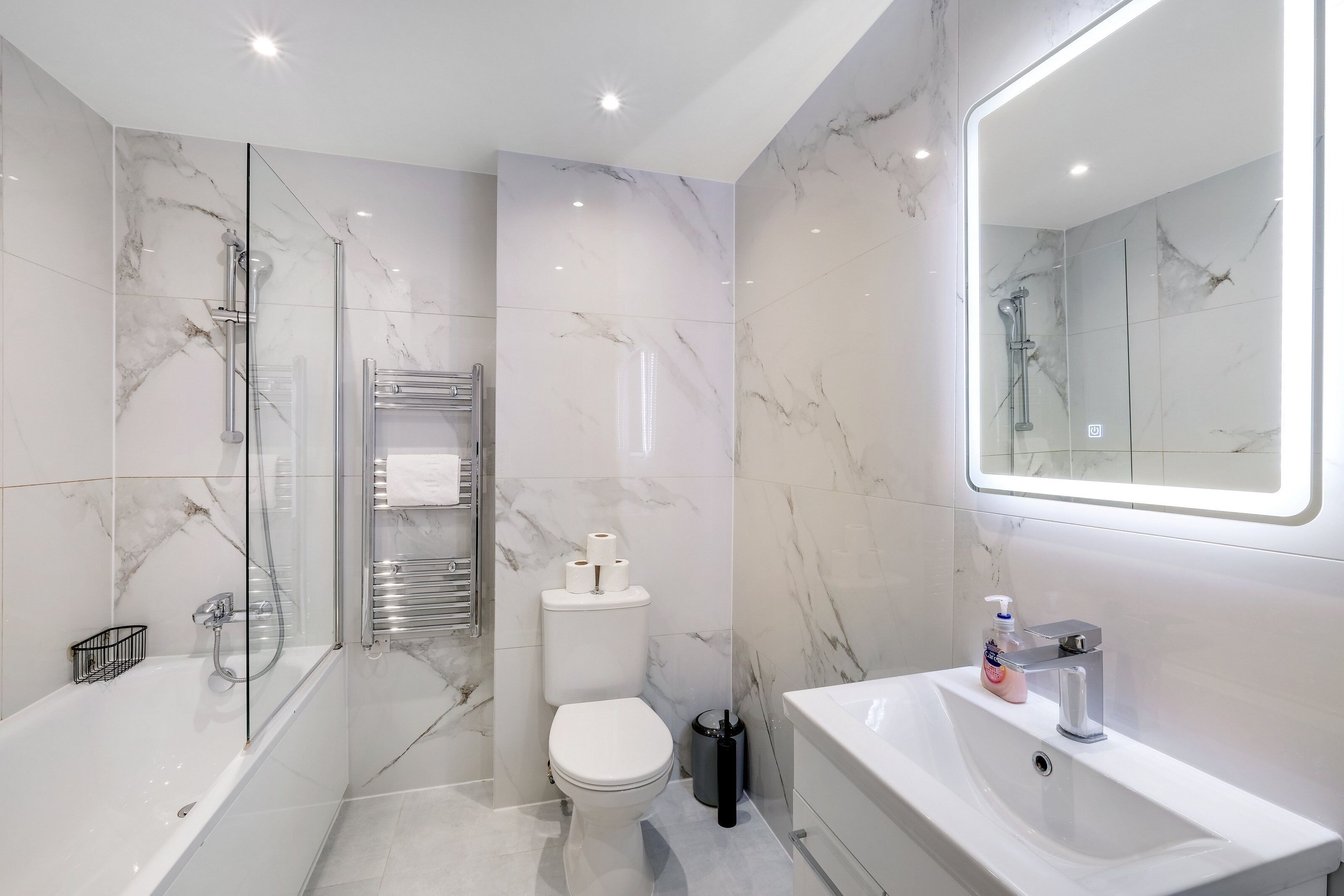 Combined shower/bathtub, free toiletries, hair dryer, towels