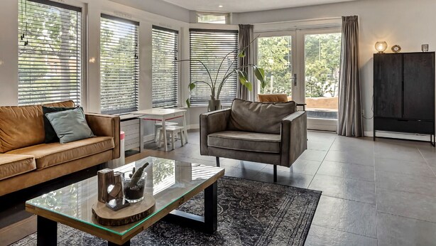 A modern living room with a leather sofa, a glass coffee table, and a dark armchair. There is a white table with a chair, a potted plant, and a dark wooden cabinet. - Holiday Home With a Garden and Parking (Drachten)