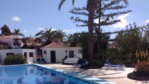A swimming pool with lounge chairs, a palm tree, and a white building with a red roof. - Apartment The Little La Perla (Arona)
