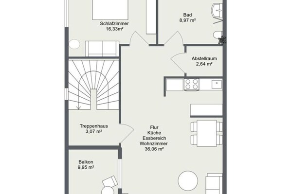 A hotel floor plan with a bedroom (16.33 m²), bathroom (8.97 m²), kitchen (2.64 m²), living room (36.06 m²), dining area (3.07 m²), and balcony (9.95 m²).