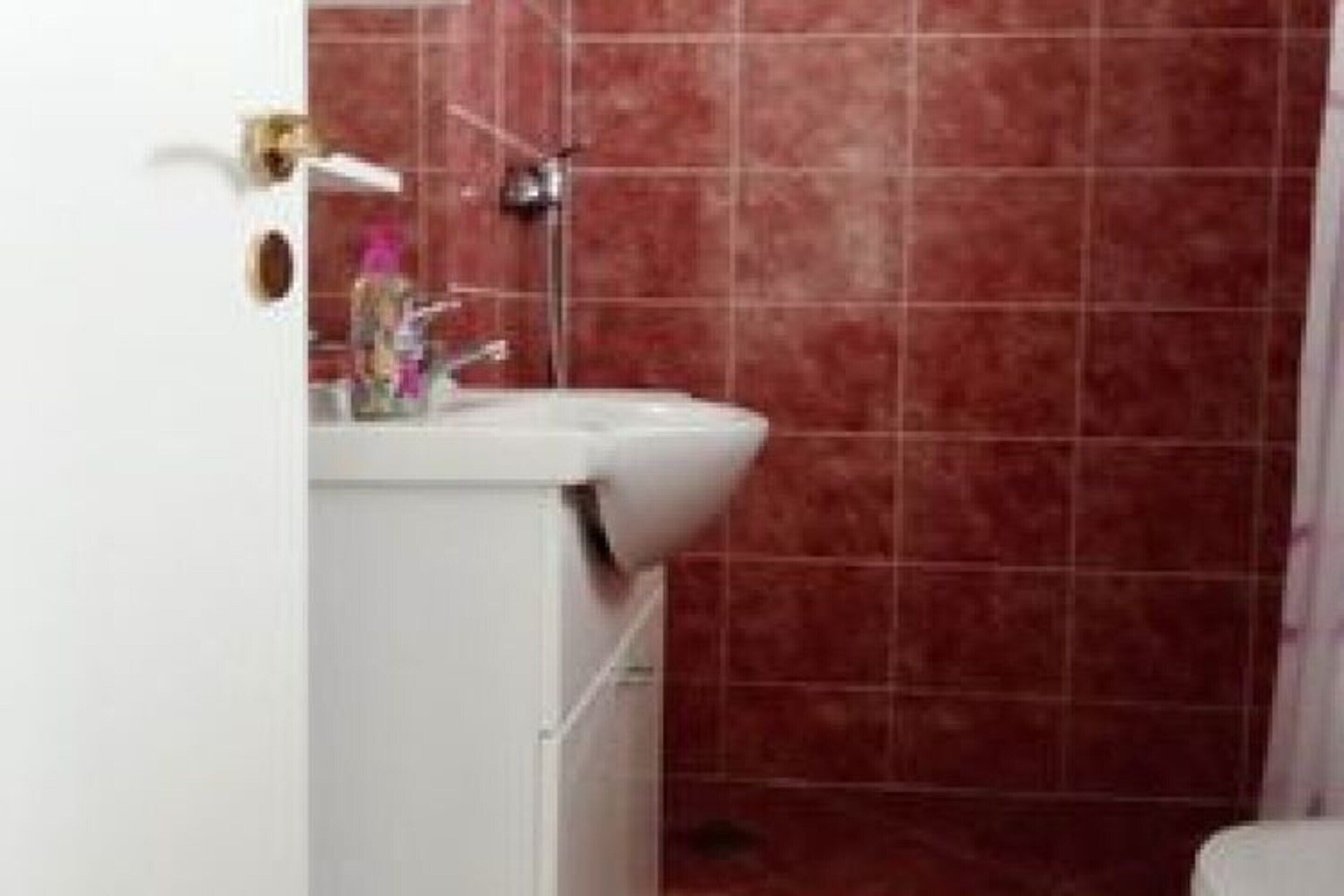 Une salle de bain avec un lavabo blanc, un miroir et un espace douche aux carreaux rouges.