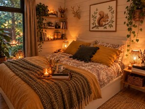 A cozy bedroom with a bed, bedside tables, a window, and a wall-mounted deer head decoration.