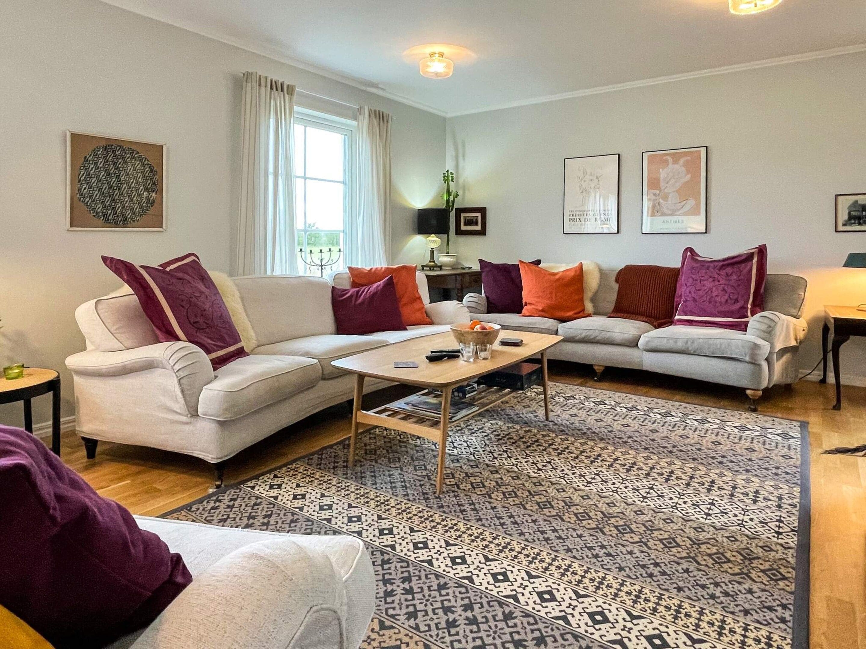 Un salon avec deux canapés, une table basse et un tapis à motifs.