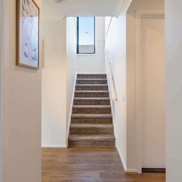 A staircase with carpeted steps leading to a landing with a skylight. - Modern new Homly House at Clyde (Clyde)