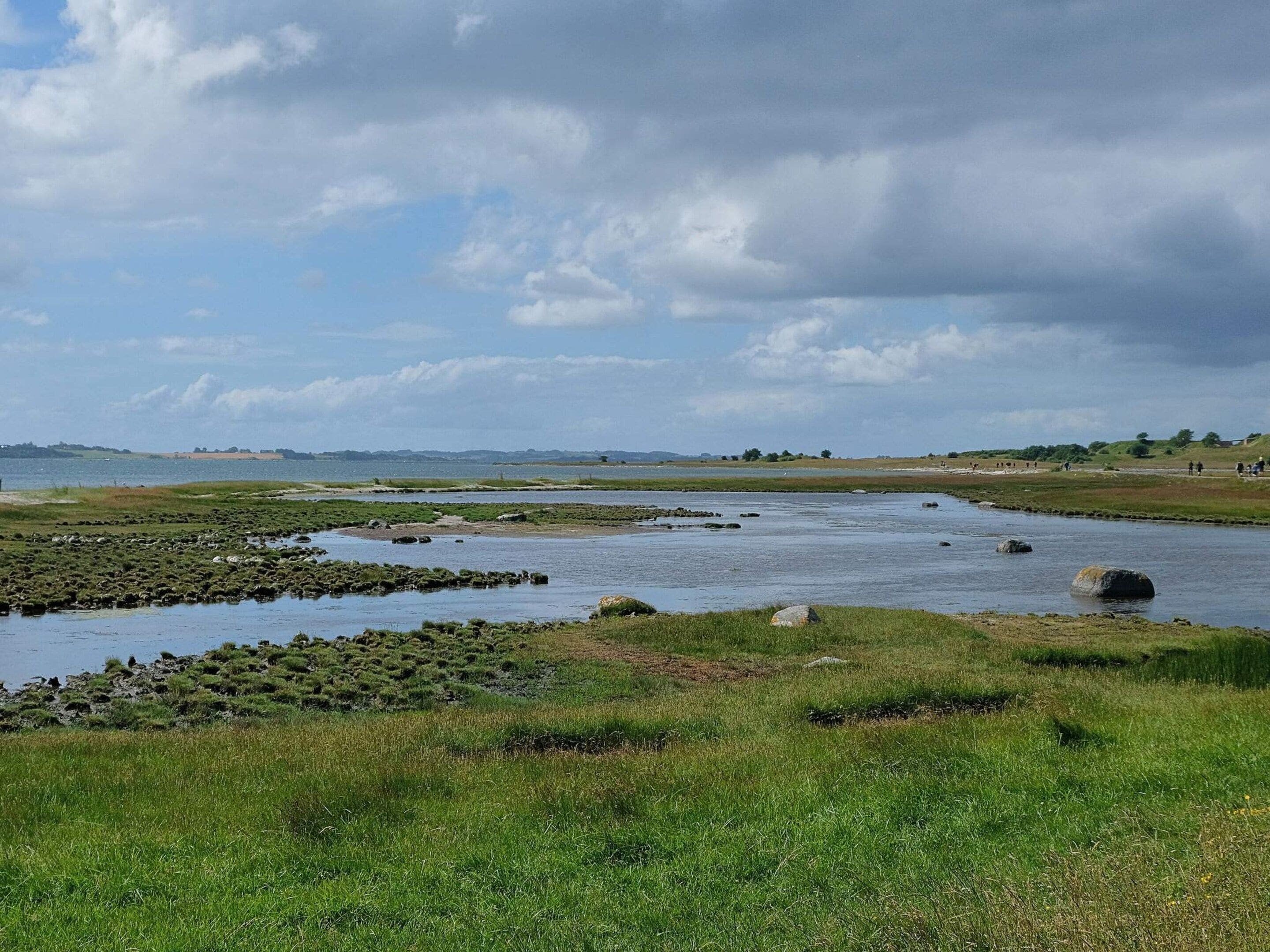 A river with rocks and grassy banks, a distant shoreline, and a cloudy sky.