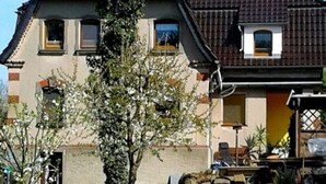 Una casa de dues plantes amb teulada de rajola, un jardí davanter amb un arbre petit i una porta ben visible.