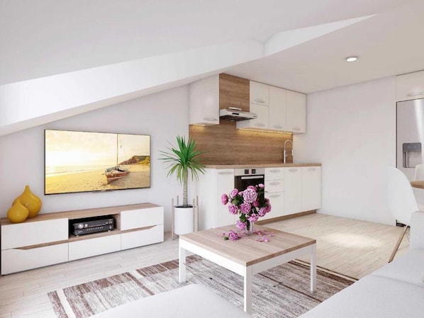 A modern living room with a flat-screen TV, a coffee table with flowers, a sofa, and a dining table. - Apartments Villa Subic - Two Bedroom Apartment C2 (Rab)
