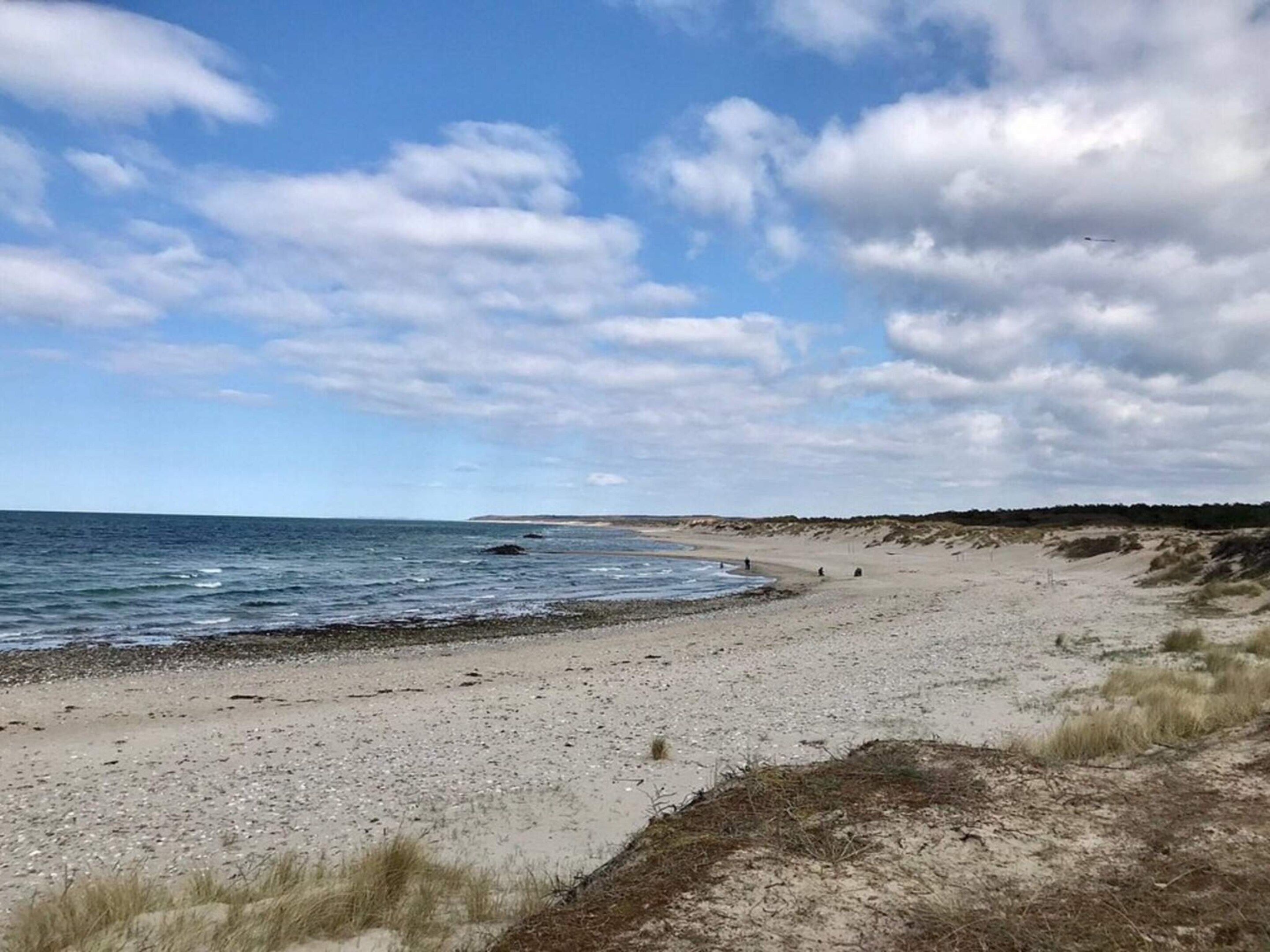 Una playa con arena y cielo despejado.