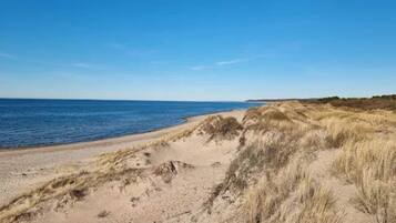Een zandstrand met duinen en een helderblauwe lucht.