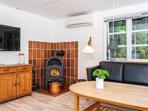 Une pièce chaleureuse avec un poêle à bois, une télévision, un coin salon confortable et une fenêtre donnant sur un paysage verdoyant.