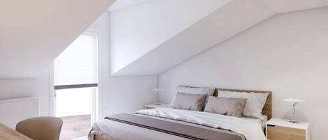 A modern bedroom with a sloped ceiling, a bed with a wooden frame, a bedside table, and a chair.