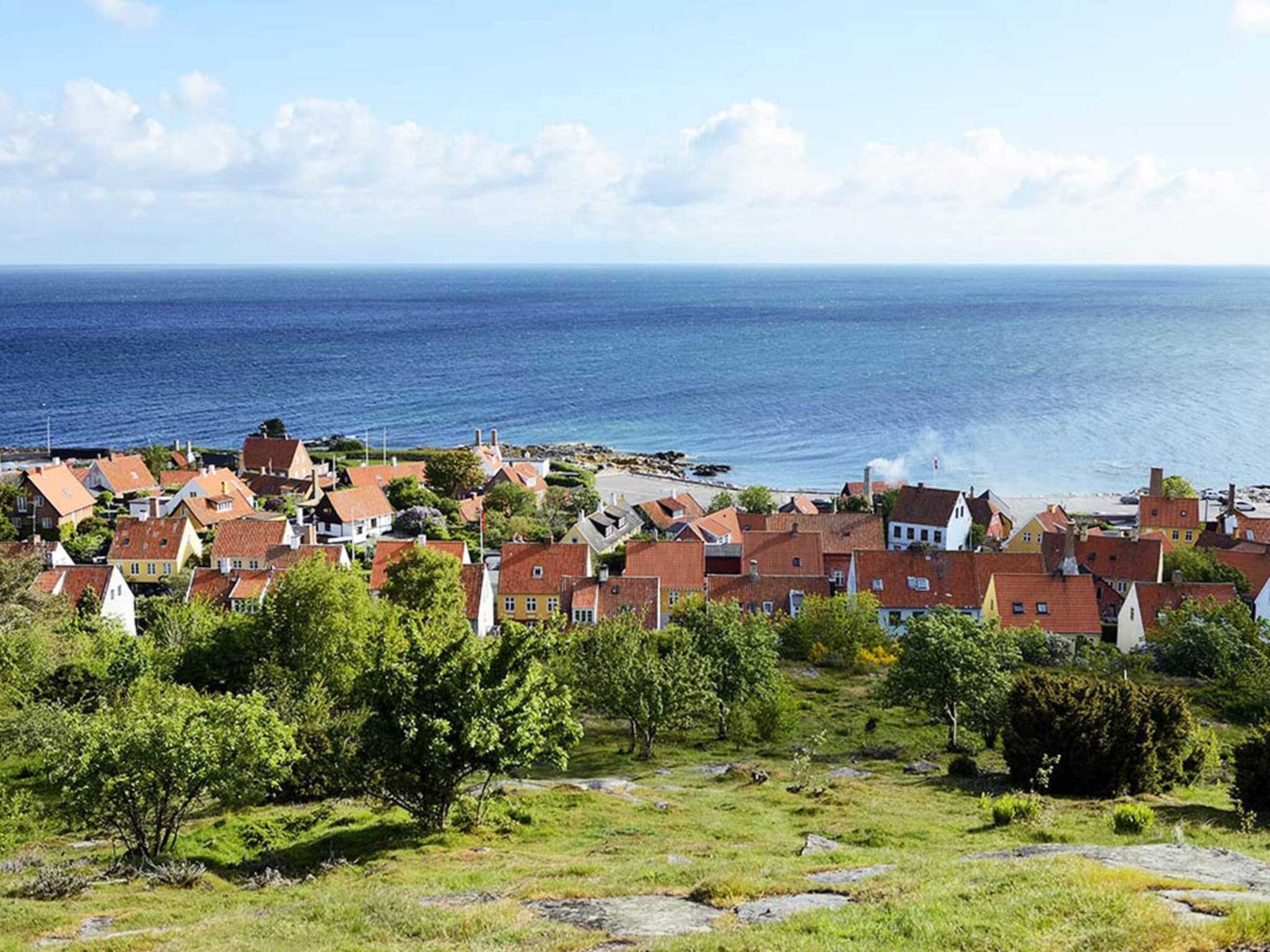 A coastal village with traditional red-roofed houses, a clear view of the sea, and a grassy foreground with trees.