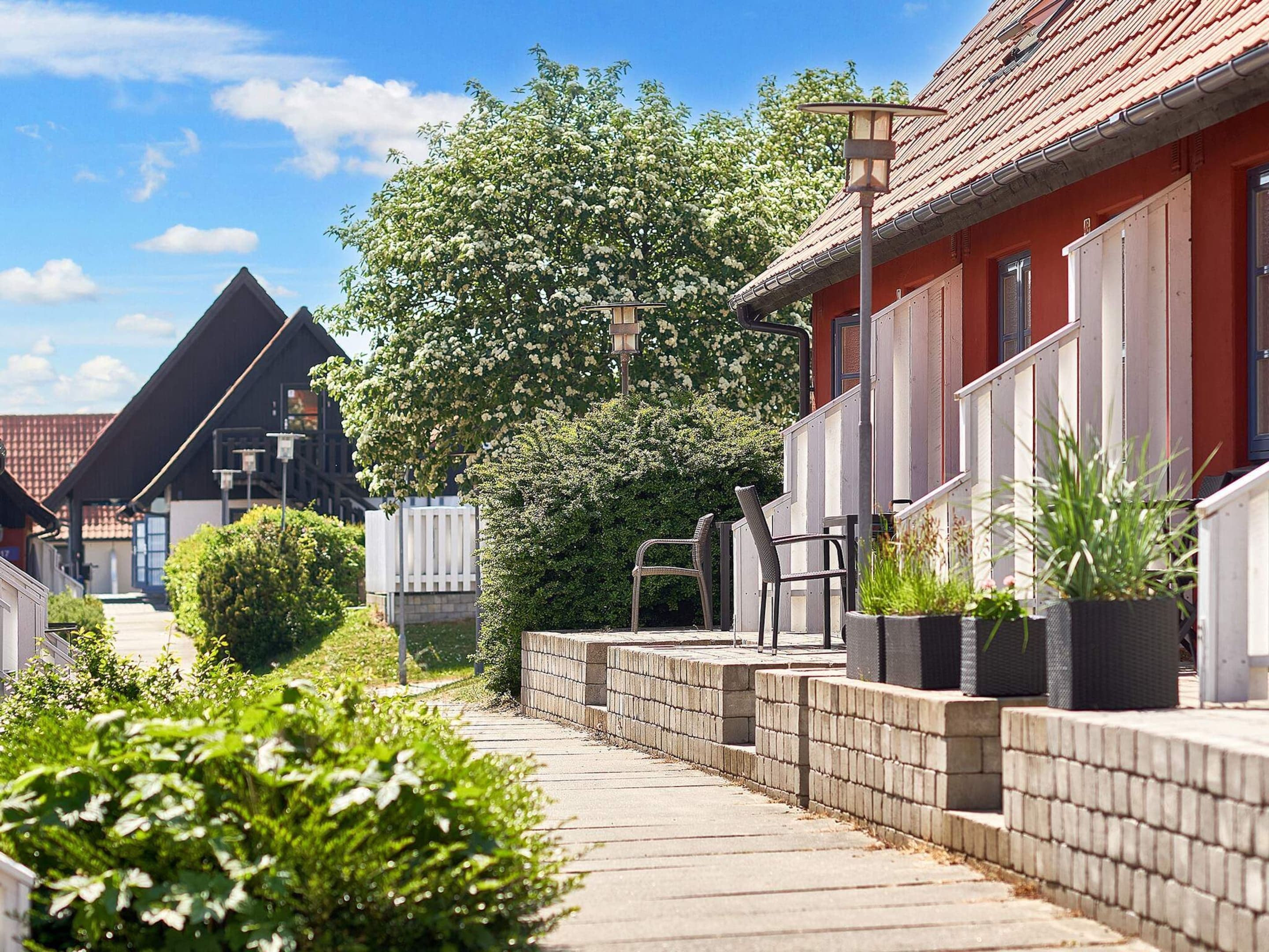 A residential street with houses, a sidewalk, and a tree.