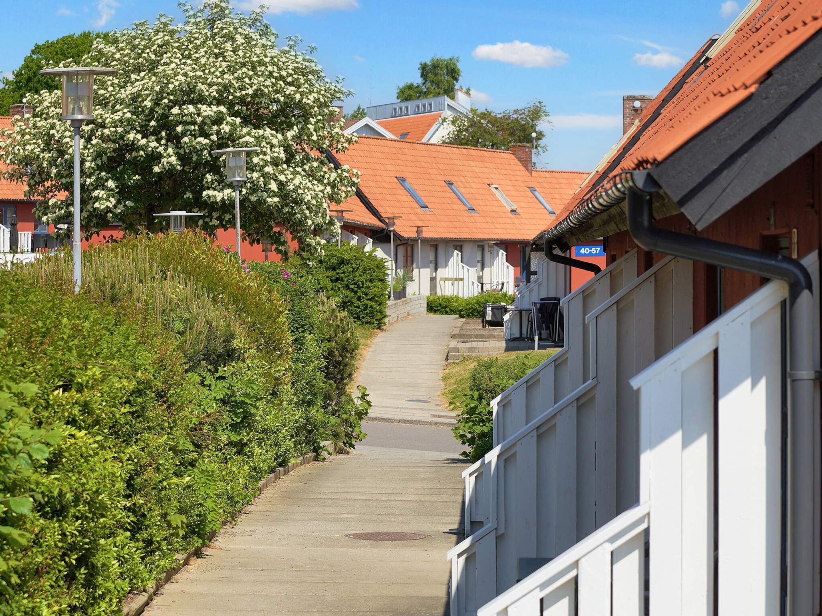 A narrow pathway flanked by lush greenery and traditional buildings with red-tiled roofs.