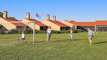 Un campo cubierto de hierba con un arco de fútbol, edificios con tejados rojos y banderas al fondo.