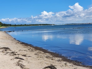 A beach with calm water, a sandy shore, and a distant shoreline with buildings and trees.