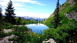 A serene mountain lake surrounded by lush greenery and trees. - Hofatsblick With Sauna (Fischen im Allgaeu)