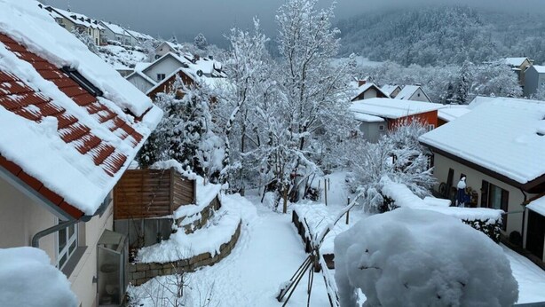 A residential area with snow-covered roofs and trees, indicating a winter setting. - Holiday Apartment Meadow (Sulzburg)
