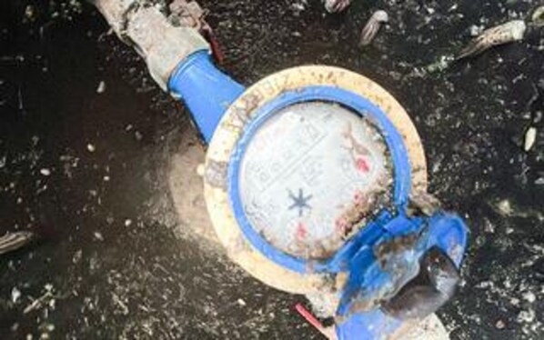 Une borne d’incendie bleue et blanche, visiblement usée et sale.