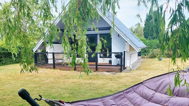 Un hamac dans une cour verdoyante, avec une maison en arrière-plan.