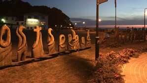 Un hotel con un letrero que dice "Hotel Nienhager Strand" y una escultura de madera de un caballo.