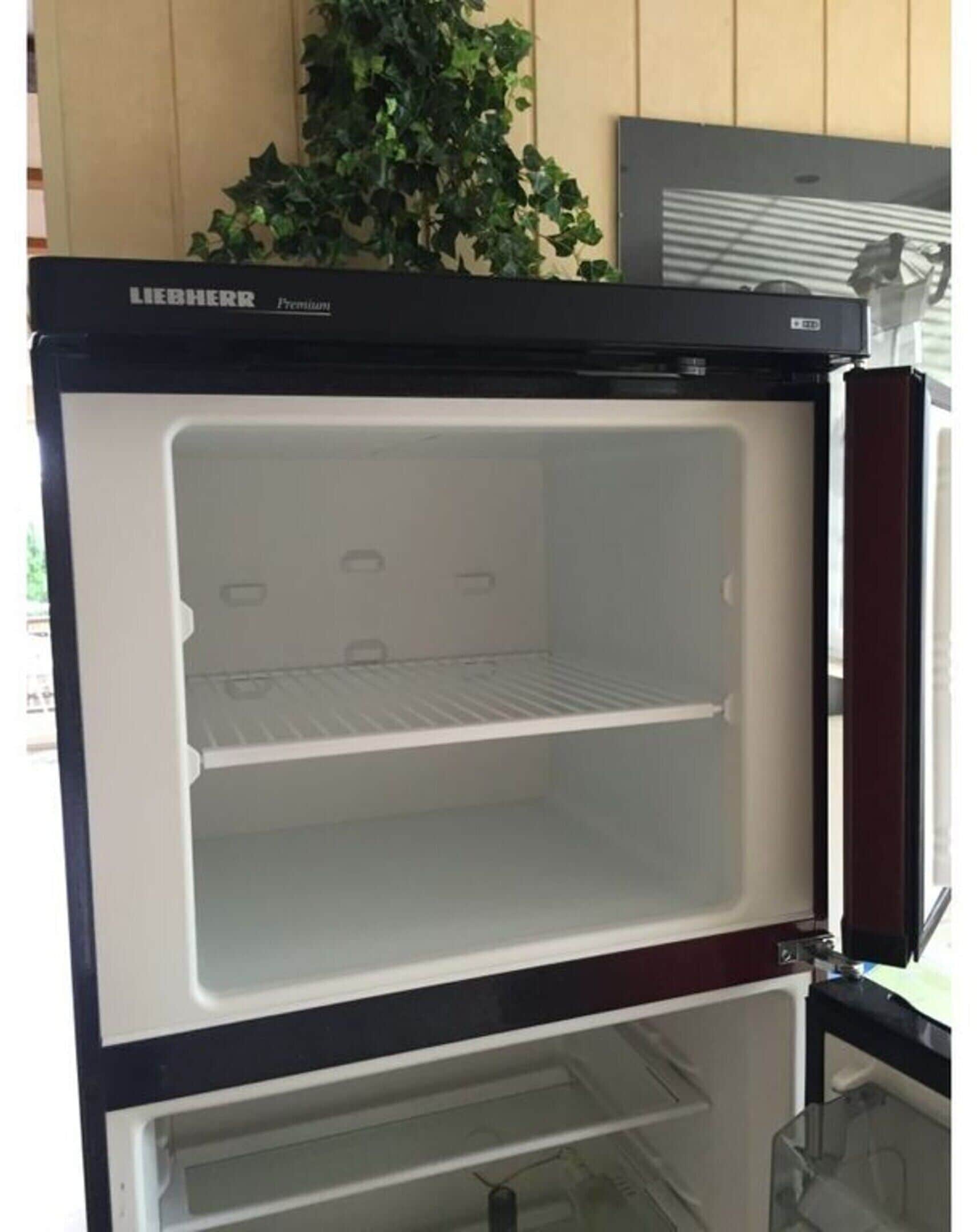 Liebherr-merkkinen, korkealaatuinen jääkaappi, jossa on kaksi hyllyä, pakastinosa ja puinen ulkopinta.