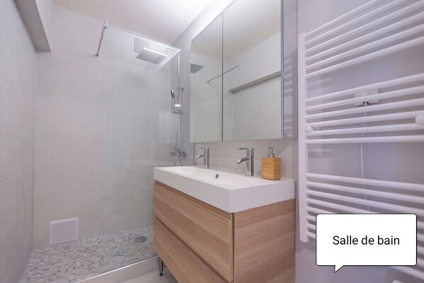 Douche, séchoir à cheveux, serviettes fournies, papier de toilette